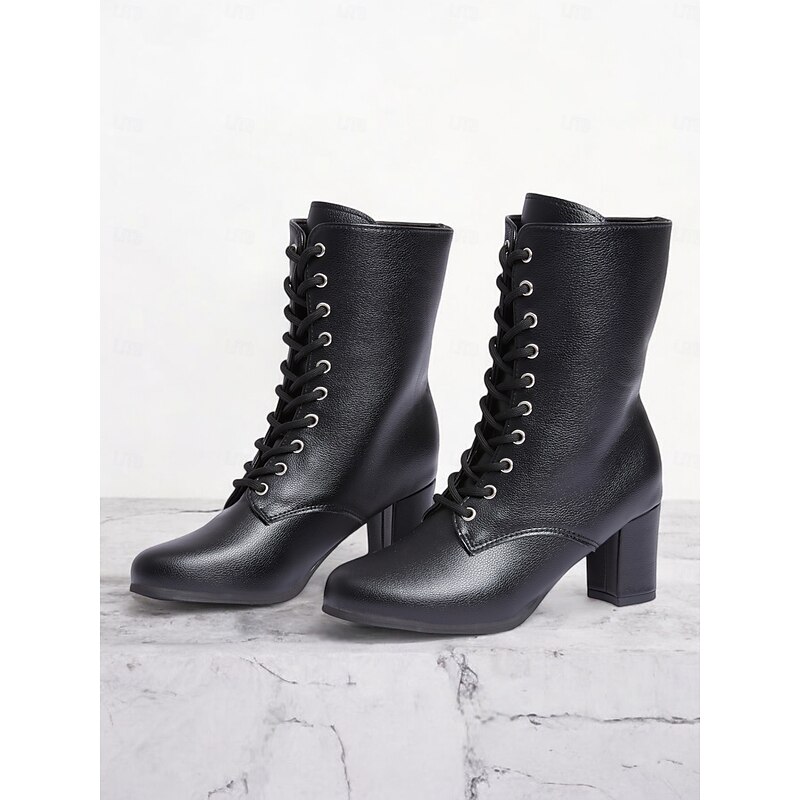 Women's Black Faux Leather Lace-Up Victorian Boots with Mid-Heel, Elegant and Timeless Design for Formal and Vintage-Inspired Occasions