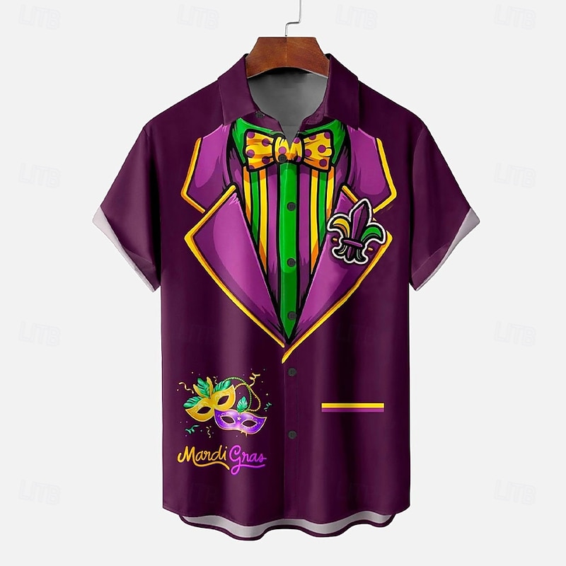 Carnival Men's Mask Casual Shirt Button Up Shirt Short Sleeve Abstract Fashion Casual Carnival Causal Casual Summer Spring Turndown Button Up Purple