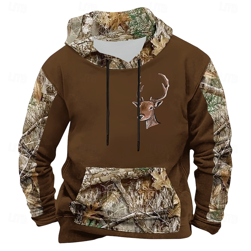Men's Deer Hoodies Sweatshirt Ethnic Long Sleeve Crew Neck Holiday Hunting Black Blue Drawstring Fall Winter Designer4
