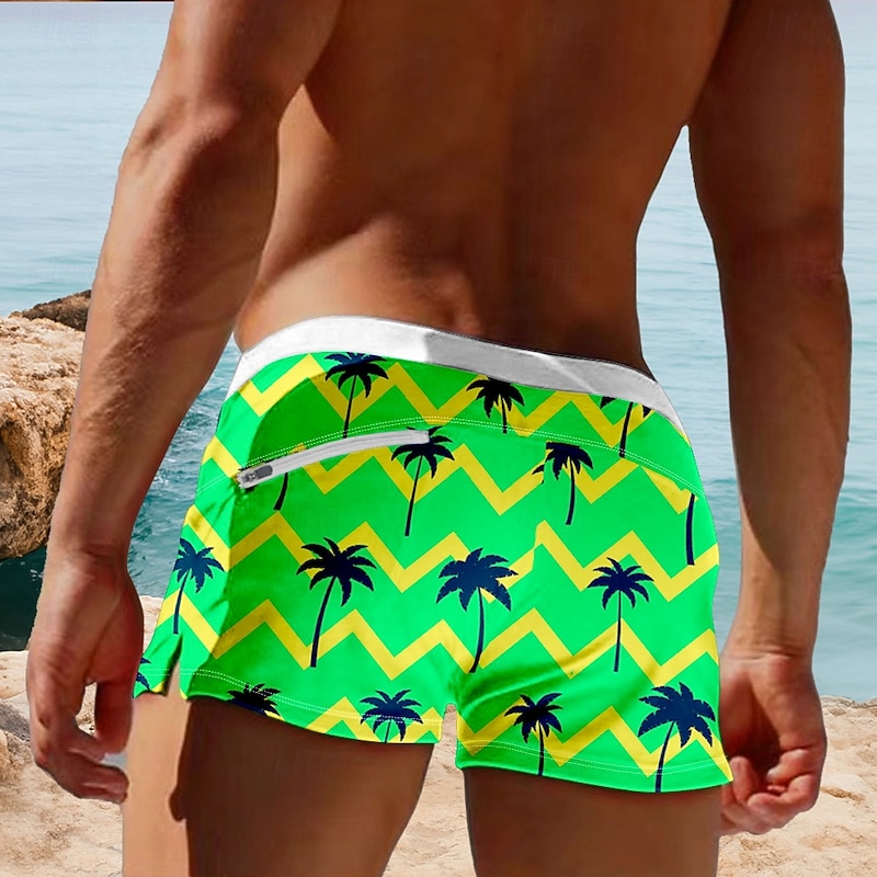 Men's Coconut Tree Geometric Pattern Swim Trunks Swim Shorts Board Shorts Mid Waist 3D Print Hawaiian Surfing Holiday Beach Drawstring with Mesh lining Elastic Waist Designer Clothing Apparel2
