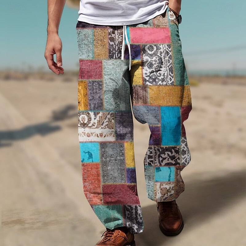 Men's Color Block Patchwork Mid Waist Hawaiian Casual Outdoor Casual Holiday Straight Leg Trousers Summer Spring 3D Print Red Blue Brown