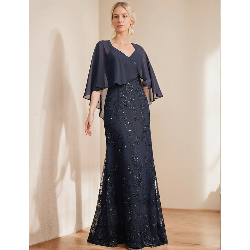 A-Line Dress Mother of the Bride Dress Elegant Sparkle & Shine V Neck Floor Length Chiffon Lace Short Sleeve with Lace Sequin3