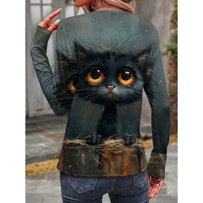 Women's T shirt Crew Neck Long Sleeve Tunic Cat Casual  Regular Tops Daily Print Gray Spring Fall2