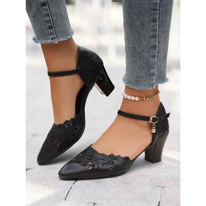Women's Black Floral Cut-Out Chunky Heel Pumps with Ankle Strap - Elegant Dress Shoes for Work, Weddings and Parties