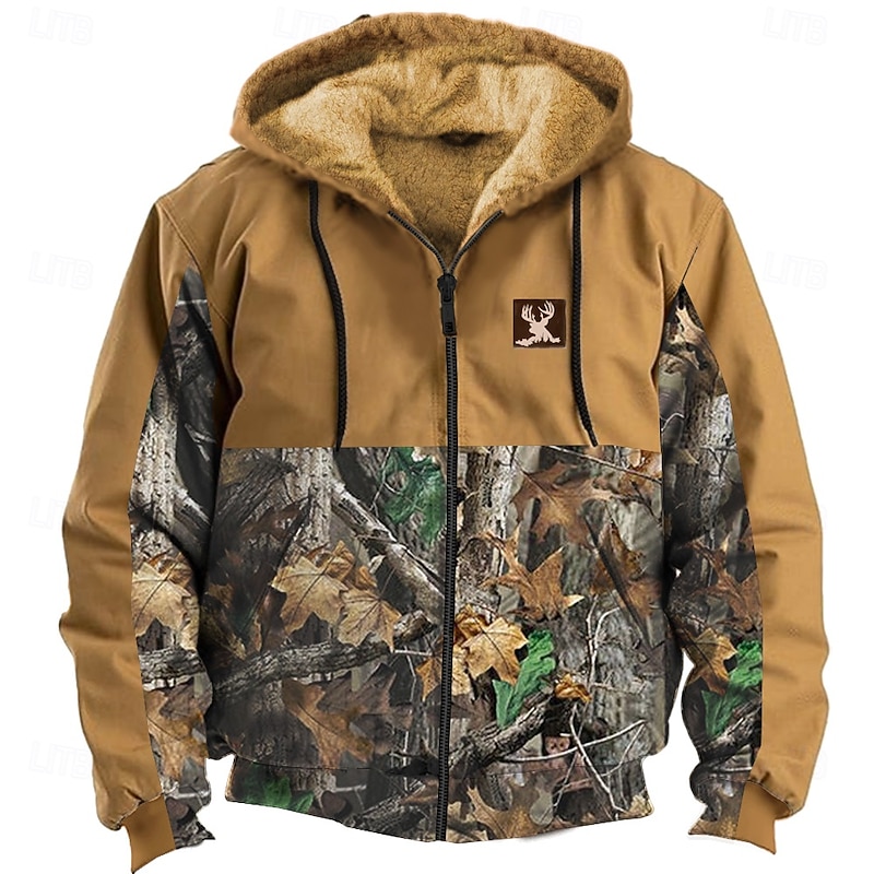 Men's Deer Fleece Hoodies Sweatshirt Fashion Ethnic Long Sleeve Hooded Vacation Hunting Brown Green Drawstring Fall Winter Designer