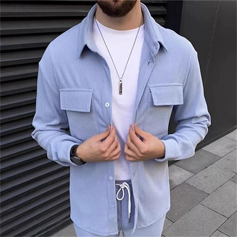 Men's 2 Piece Shirt Set Matching Sets Casual Shirt Corduroy Shirt Button Up Shirt Black Brown Green khaki Gray Long Sleeve Plain Collar Street Daily Clothing Apparel Fashion Casual3