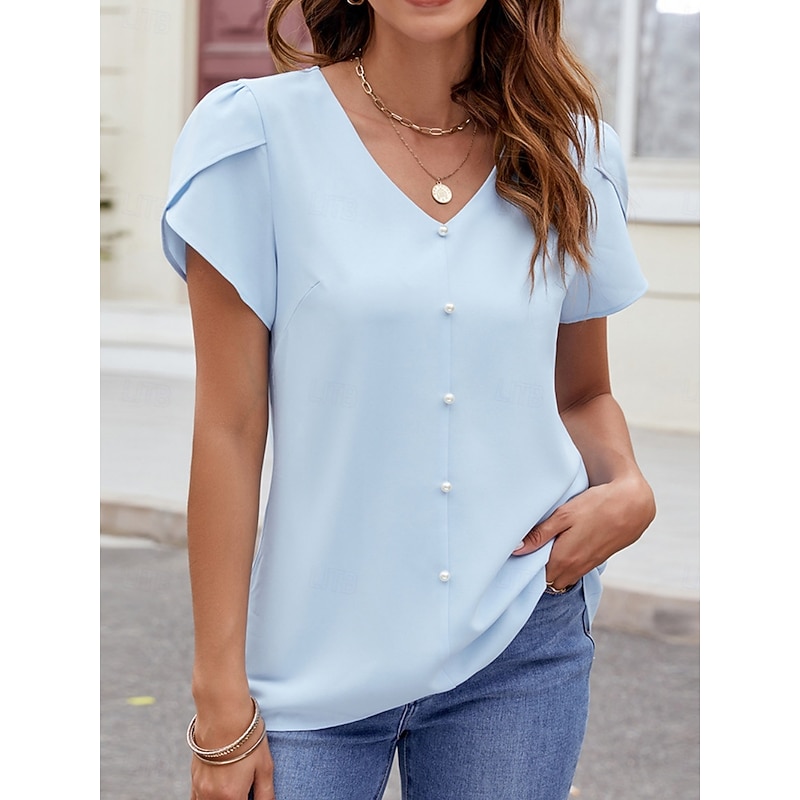 Women's Shirt Blouse Solid Color Basic Casual Short Sleeve V Neck Regular Tops Daily Beaded Black Sky Blue Fuchsia Summer Spring2