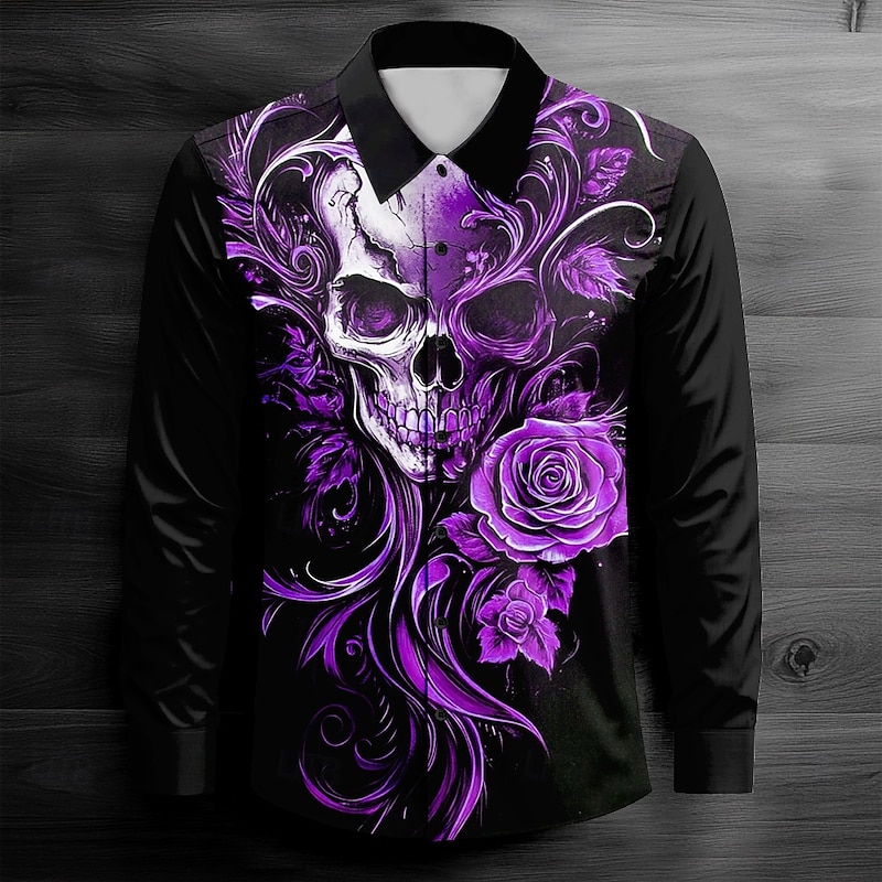 Men's Cool Skulls Casual Shirt Button Up Shirt Long Sleeve Dark Spring Fall Turndown Button Up Red Blue Purple Green Black-white3