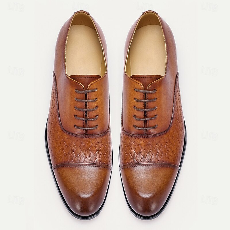 Men's Premium Cowhide Oxford Shoes with Woven Leather Design, Classic Lace-Up Style for Formal and Business Occasions4