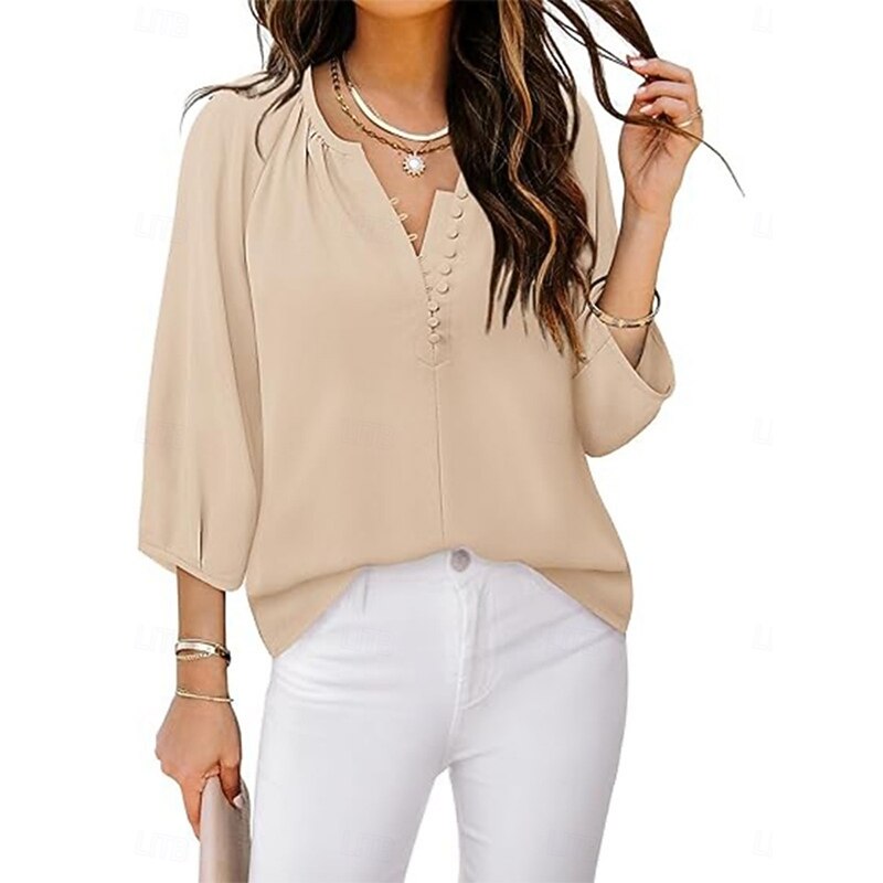 Women's Shirt Blouse Solid Color Business Modern Casual 3/4 Length Sleeve V Neck Regular Tops Work Formal Wear Buttons Purple Beige Summer Spring3