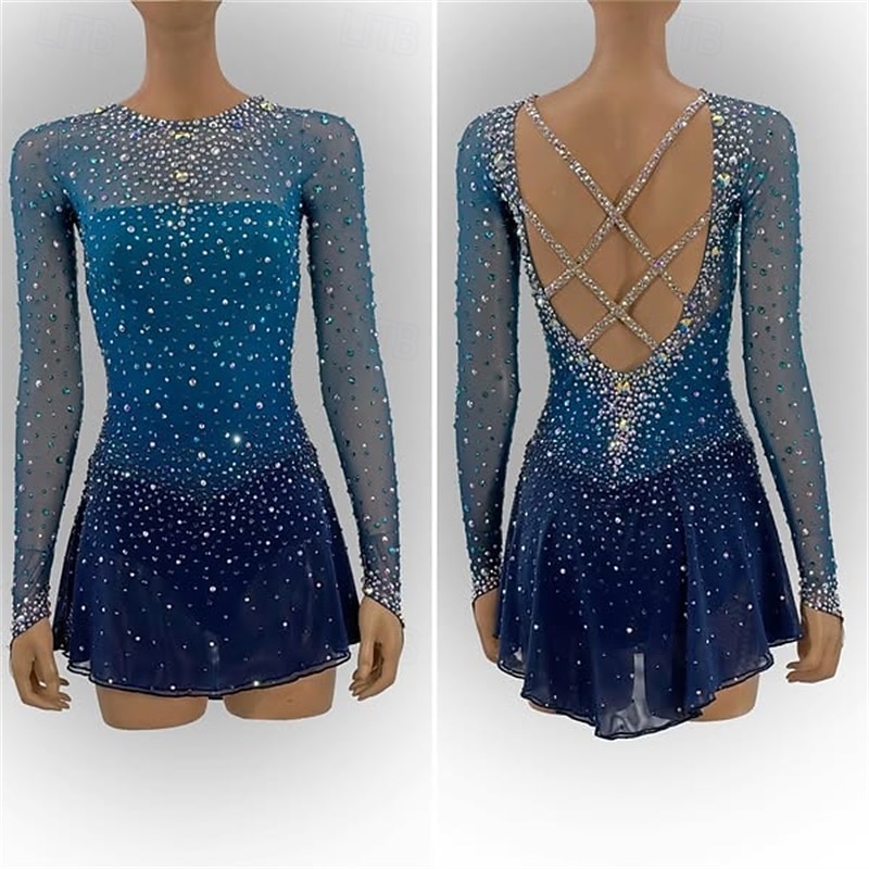 Figure Skating Dress Women's Girls' Ice Skating Dress Blue Open Back Asymmetric Hem Mesh High Elasticity Training Competition Skating Wear Classic Crystal / Rhinestone Long Sleeve Ice Skating Figure