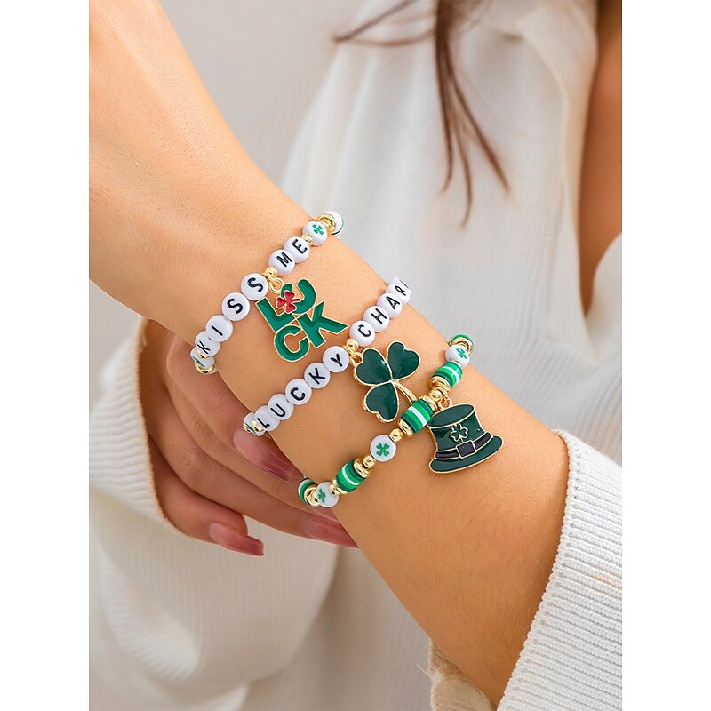 St. Patrick's Day Lucky Charm Bracelets – Irish Green Beaded Stretch Bracelet Set for Women, Festive Holiday Accessories with Shamrock and Letter Details4
