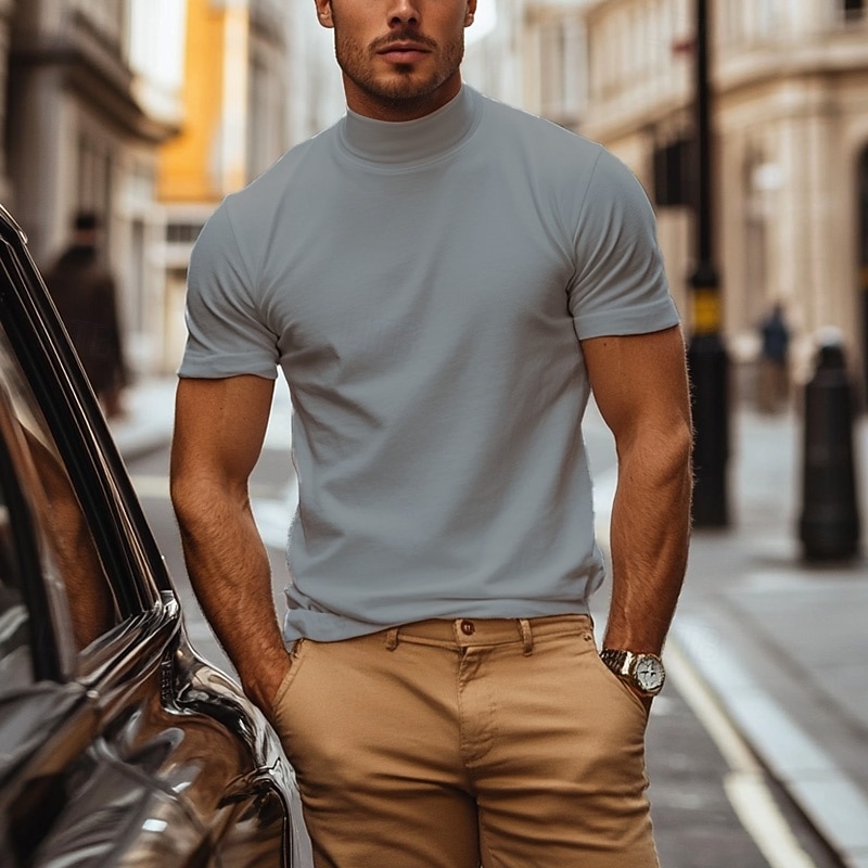 Men's T Shirt Turtleneck shirt Short Sleeve Stand Collar Summer Spring Plain Fashion Casual Comfortable Classic Style Vacation Street Holiday Black Gray Green Top Tee for Men2