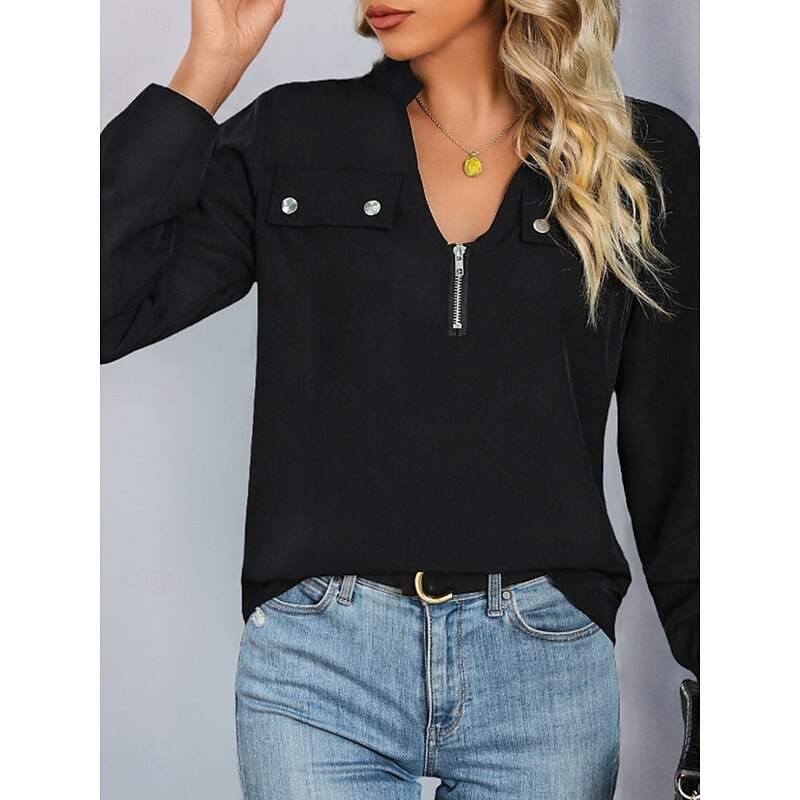 Women's Shirt Solid Color Elegant Stylish Casual Long Sleeve V Neck Vacation Party Daily Black Spring Fall2