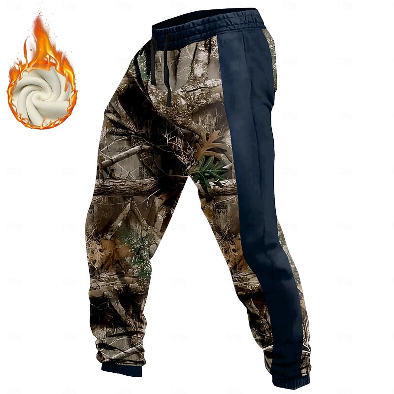 Men's Camouflage Hunting Fleece Sweatpants Drawstring Elastic Waist Casual Vintage Retro Outdoor Streetwear Warm Fleece Lined Thermal Winter 3D Print Blue Green khaki2