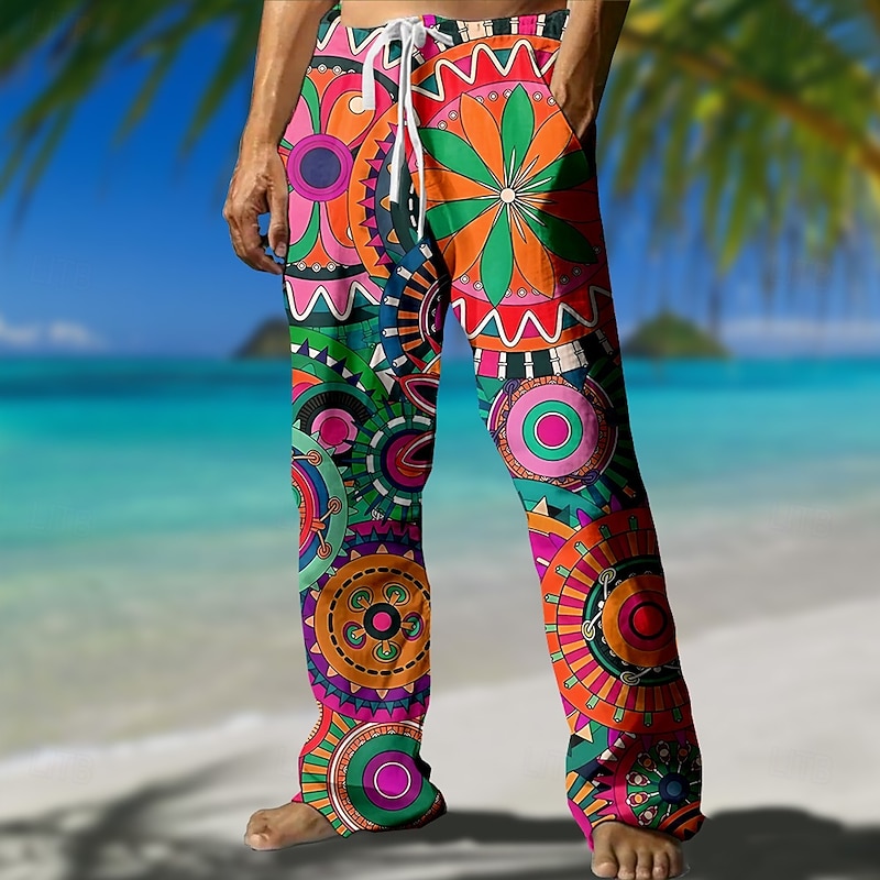 Men's Floral Geometric Pattern Trousers Casual Pants Mid Waist Drawstring Elastic Waist Hawaiian Outdoor Vacation Holiday Straight Leg Trousers Summer Spring Fall 3D Print Yellow Red Green