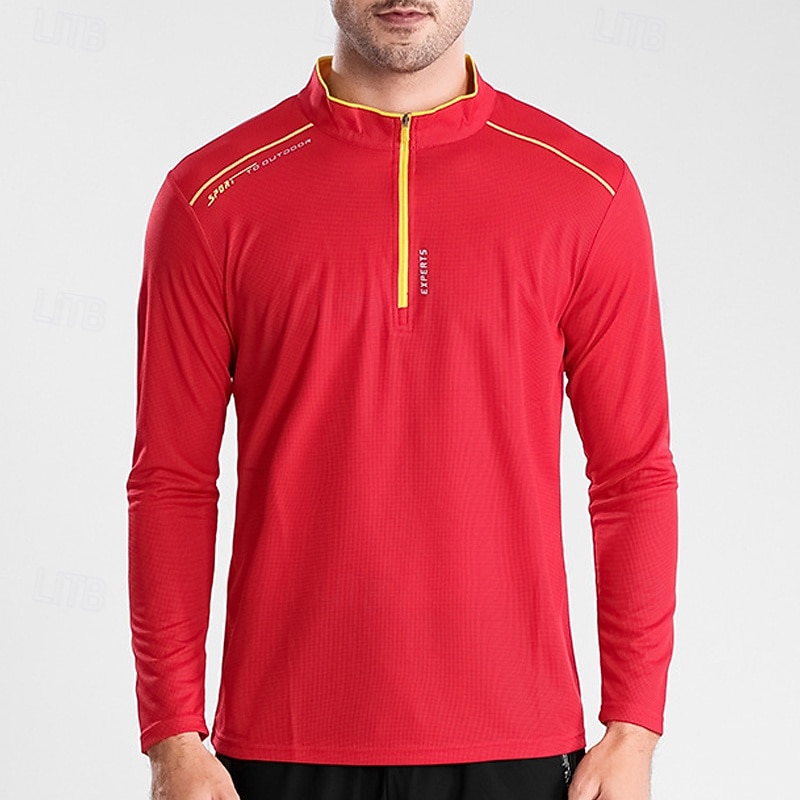 Men's T shirt Hiking Tee shirt Long Sleeve Quarter Zip Tee Tshirt Muscle T-Shirt Bodybuilding Stretch Tee Outdoor Quick Dry Workout Soft Sweat wicking Polyester Red Royal Blue Orange Gym Climbing4