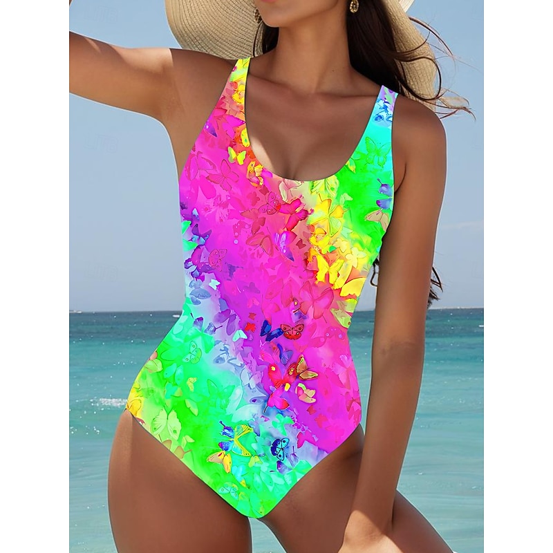 Women's Swimsuits One-Piece Tummy Control Bathing Suits Multicolor Butterfly Print Sleeveless Scoop Neck Stretch Fabric Summer Beachwear Poolside Fashion Vibrant Swimsuits Available in Multiple Sizes4