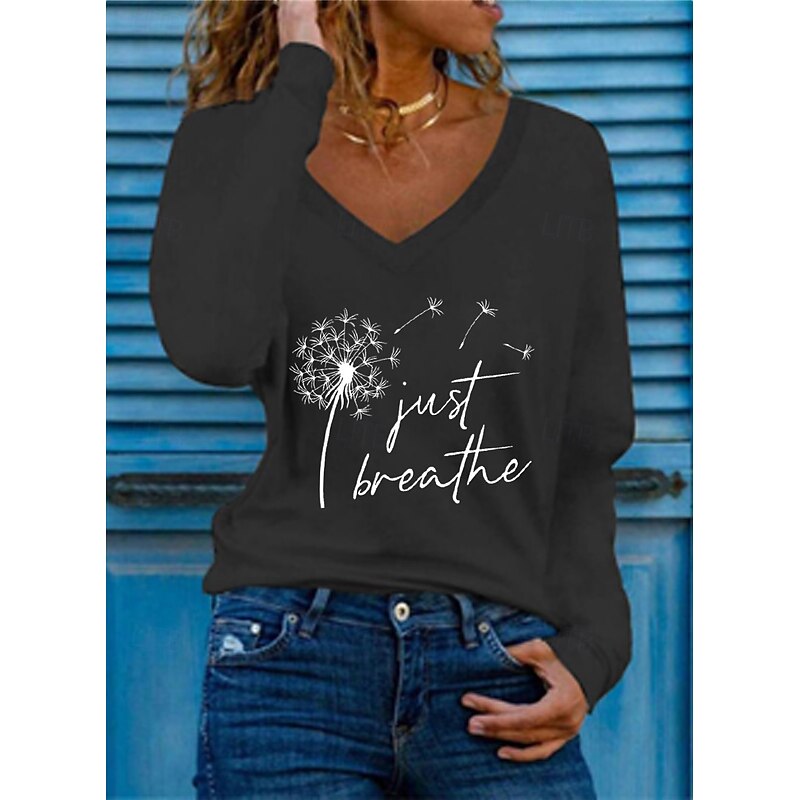 Women's T Shirt Stylish Basic Casual Letter Patchwork Print Flutter Sleeve Long Sleeve Regular Tops V Neck Vacation Daily Weekend Black White Red Green Spring &  Fall Fall & Winter