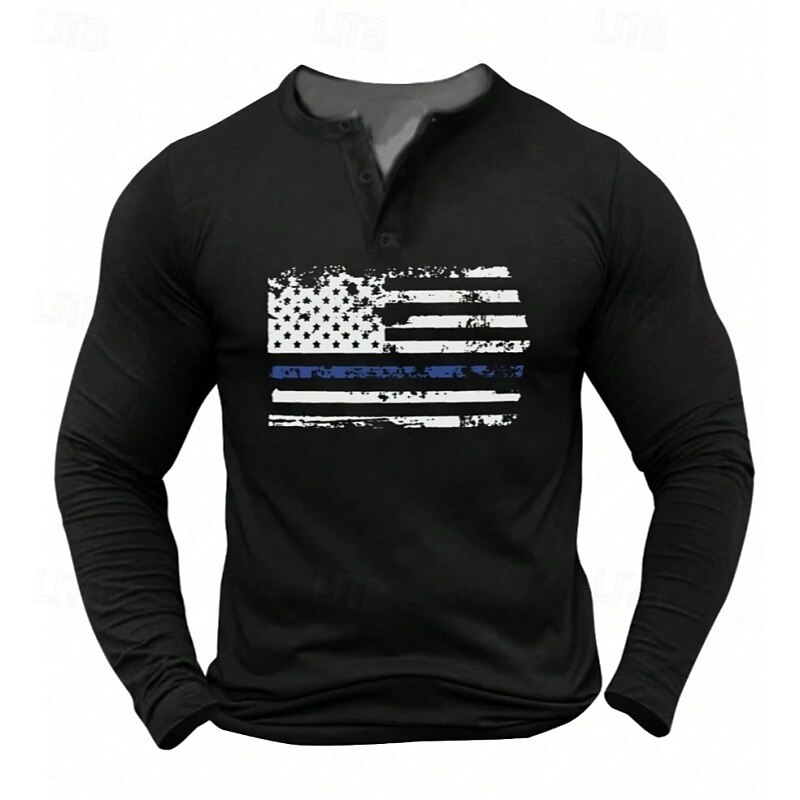Men's American US Flag Henley Shirt T shirt Tee Long Sleeve Vintage Fashion Comfortable Casual Daily Spring &  Fall Matt gray Black Khaki Light Grey Henley Henley T-Shirt4