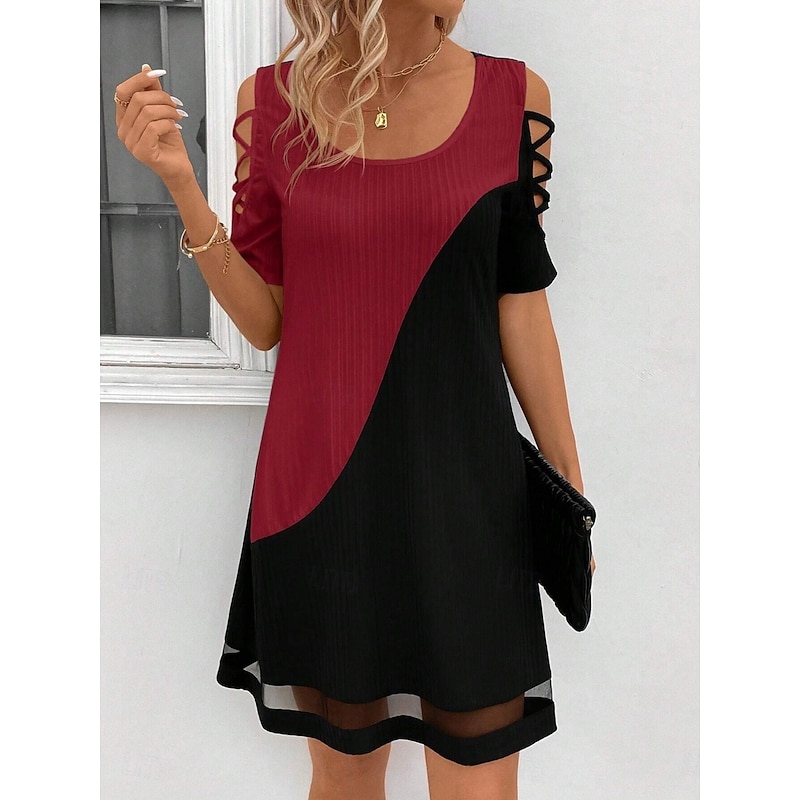 Women's Mini Dress Knit Dress Casual Dress Stylish Casual Vacation Daily Regular Fit Color Block Half Sleeve U Neck White Red Spring Fall