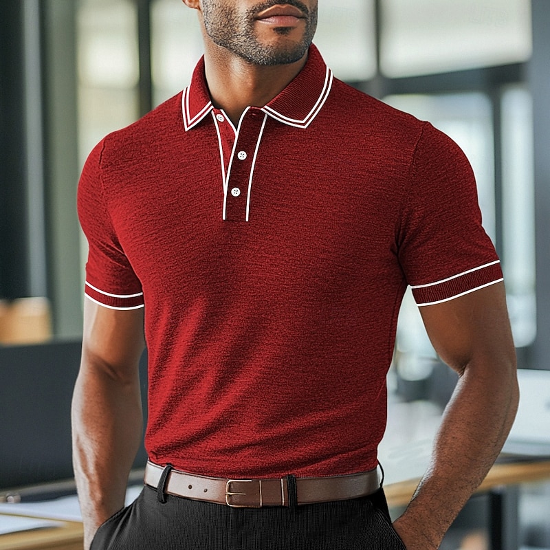 Men's Polo Shirts Golf Shirt Work Business Ribbed Polo Collar Classic Short Sleeve Basic Modern Solid Color Patchwork Pocket Spring & Summer Regular Fit Light Blue Black Burgundy Navy Blue Royal Blue