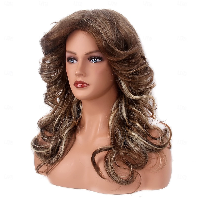 70s Brown Highlight Disco Wig Farrah Fawcett Wigs for Women Lady Natural Synthetic Full Wigs Vintage Cosplay Costume Hair Wig For Carvinal Halloween Wigs3