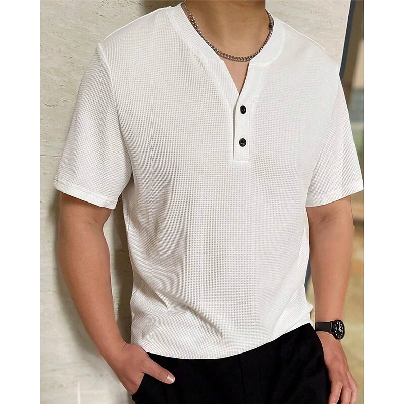 Men's Button T Shirt T Shirt Henley Shirt Tee Short Sleeve Henley Spring & Summer Plain Fashion Designer Basic Buttons Vacation Street Going out Black White Red Top Tee for Men2