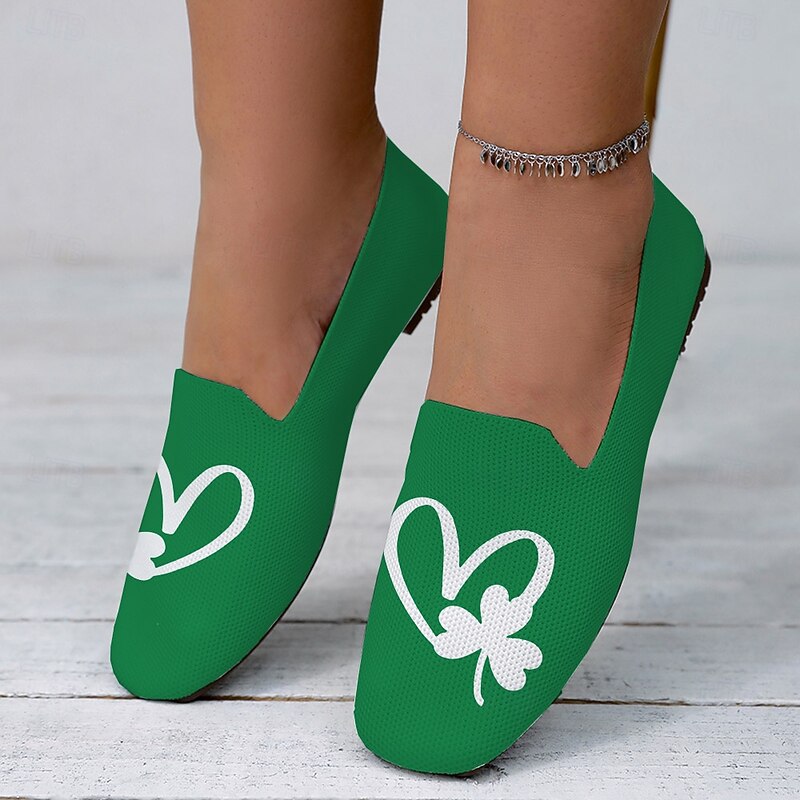 Women's Comfortable Green Slip-On Flats with Clover Heart Printed Design Perfect for Celebrate St. Patrick's Day3