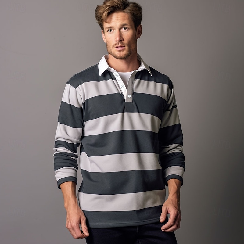 Men's Stripes Rugby Polo Cable Knit Polo Long Sleeve Polo Shirts Collared Shirts Casual Outdoor Athleisure 3D Print Spring Fall Gray2