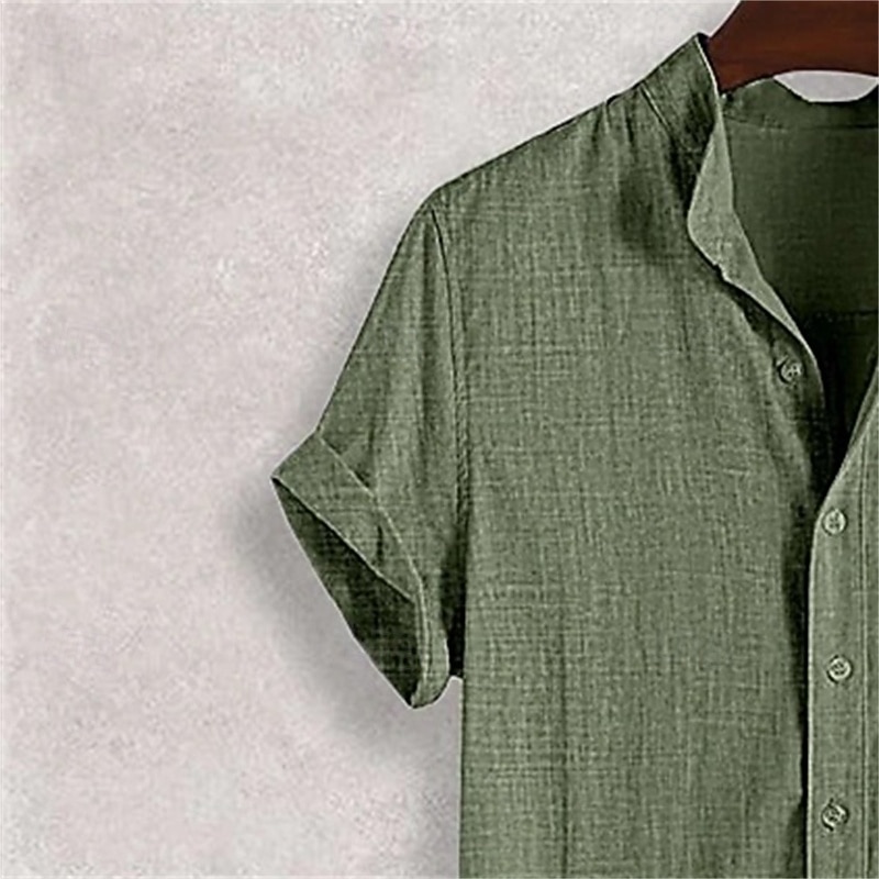 Men's Linen Shirt Band Collar Shirt Casual Shirt Plain Vacation Holiday Black White Yellow Pink Short Sleeve Band Collar Spring & Summer Clothing Apparel Front Pocket2