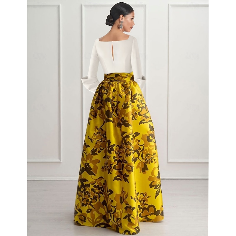 A-Line Evening Gown High Split Dress Formal Floor Length Long Sleeve V Neck Satin with Floral Print Wedding Guest Dress2