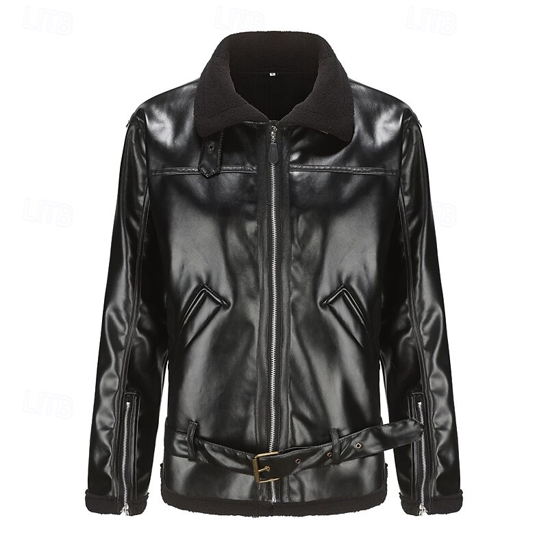 Men's Faux Leather Jacket Biker Jacket Motorcycle Jacket Vacation Daily Windproof Warm Fur Trim Pocket Fall & Winter Plain Fashion Classic Lapel Regular Black Brown Jacket2