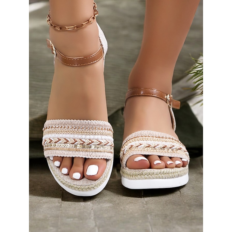 Women's Boho Platform Sandals with Braided Straps and Rhinestone Accents - Comfortable Summer Wedge Shoes for Casual Outings