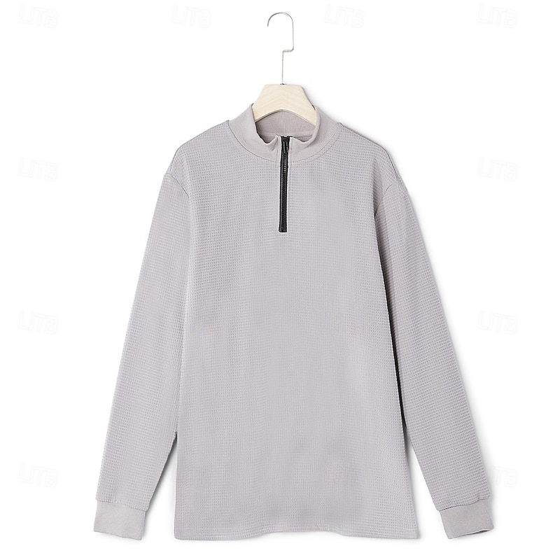 Men's Waffle Polo Shirts Home Standing Collar Quarter Zip Long Sleeve Basic Solid Color Knitted Spring &  Fall Standard Fit Light Blue Black White Gray Waffle Polo Shirts2