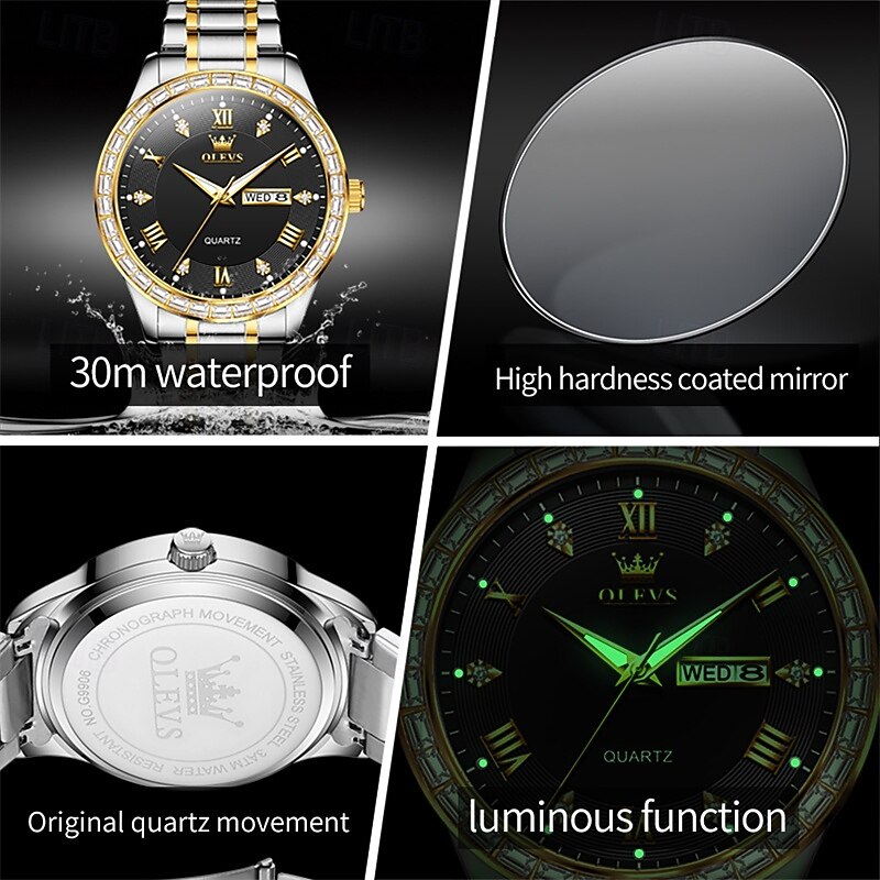 Olevs Brand Steel Band Men'S Business Watch Luminous Double Calendar Simple Quartz Watch Waterproof Sports Fashion Men'S Wristwatch Rhinestone2