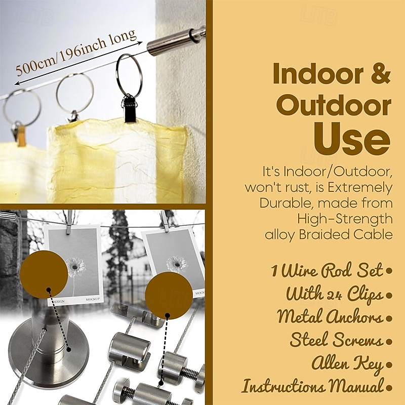 Adjustable Indoor Outdoor Wire Curtain Rod Room Divider Hanging System with 24 Clips Wire Hanging System For Tapestry Clothesline Clothes Hanger Craft Art Decoration on Walls2