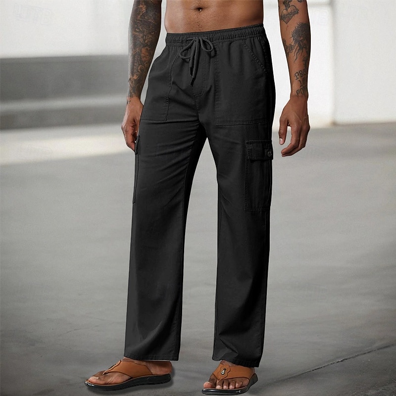 Men's Cargo Pants Cargo Trousers Casual Pants Drawstring Elastic Waist Multi Pocket Plain Comfort Soft Full Length Outdoor Casual Daily Fashion Streetwear Black White3