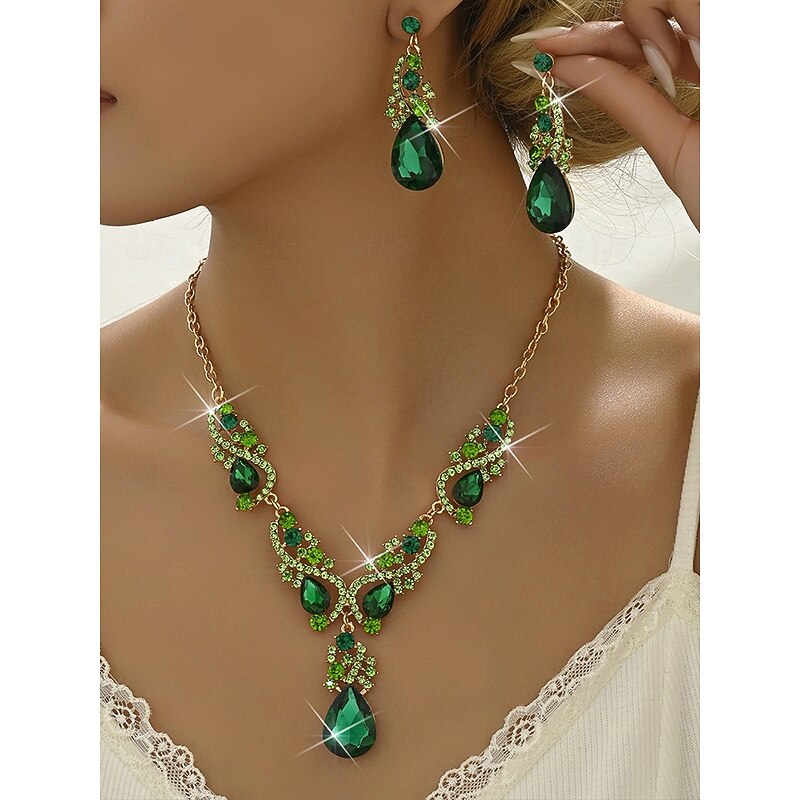 Women's Green Crystal Jewelry Set with Teardrop Necklace and Matching Earrings, Elegant Style for Weddings and Formal Events