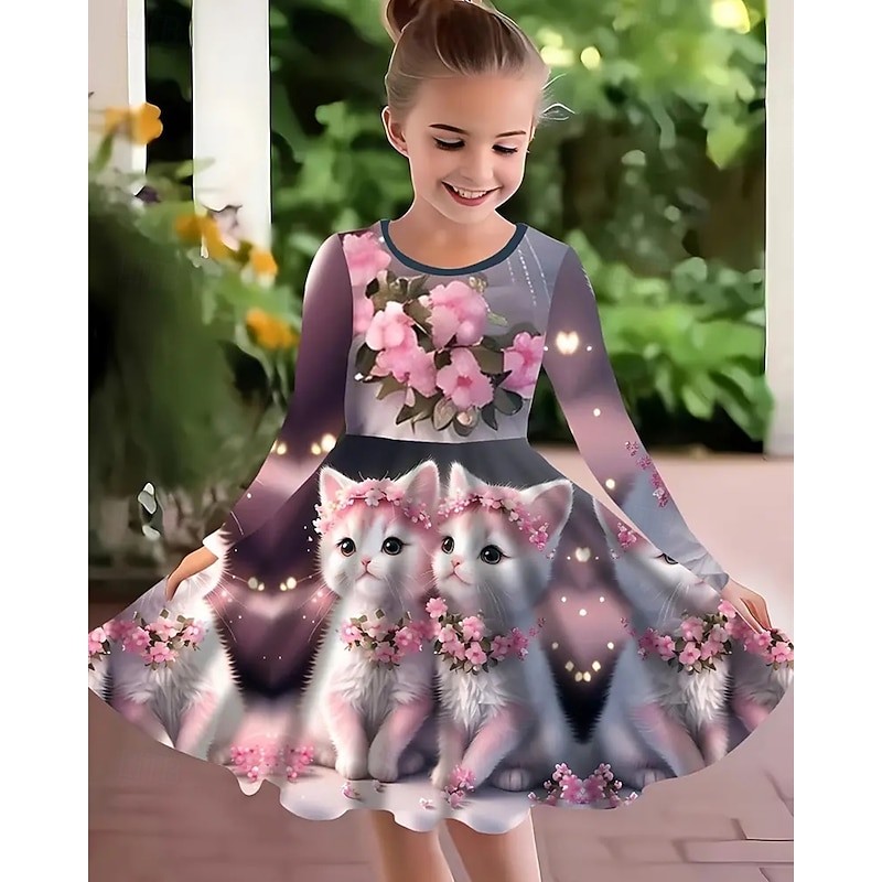 Girls' 3D Graphic Cat Flower Dress Long Sleeve Summer Spring Vacation Daily Holiday Princess Beautiful Sweet Kids 4-12 Years Casual Dress A Line Dress Knee-length Regular Fit