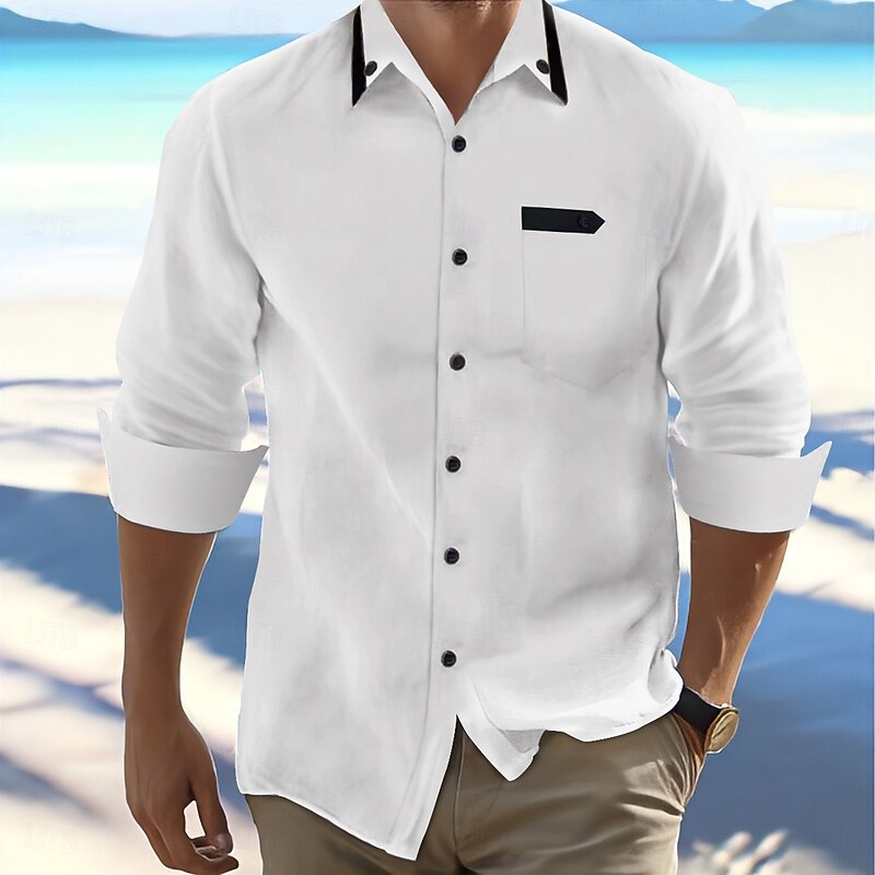 Men's Shirt Summer Shirt Casual Shirt Beach Shirt Button Up Shirt Light Khaki Black White Red Navy Blue Long Sleeve Plain Collar Vacation Daily Clothing Apparel Fashion Casual Comfortable3