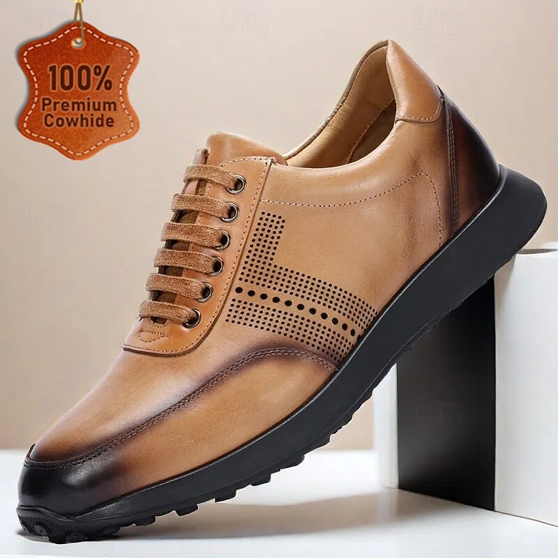 Stylish Brown Leather Lace-Up Sneakers with Perforated Detail for Men | Perfect for Casual and Business Casual