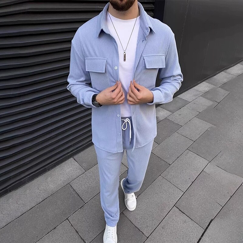 Men's 2 Piece Shirt Set Matching Sets Casual Shirt Corduroy Shirt Button Up Shirt Black Brown Green khaki Gray Long Sleeve Plain Collar Street Daily Clothing Apparel Fashion Casual2