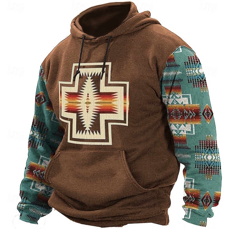 Men's Aztec Cowboy Hoodies Sweatshirt Ethnic Cowboy Long Sleeve Crew Neck Holiday Streetwear Black Blue Drawstring Fall Winter Designer