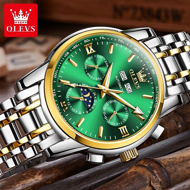 OLEVS Men Mechanical Watch Fashion Casual Business Wristwatch Automatic Self-winding Moon phase Luminous Calendar Steel Watch2