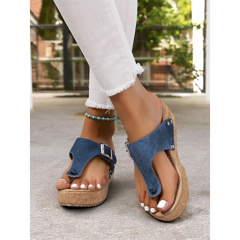 Women's Blue Wedge Sandals with Buckle Strap and Stud Details, Comfortable Summer Shoes for Casual and Beach Wear3