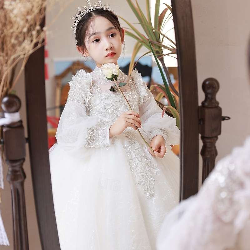 Flower Girl Dress Kid's Girls' Princess Dress Performance Wedding Party Elegant Beautiful Mesh Solid Color Long Sleeve Standing Collar White 4 years+2