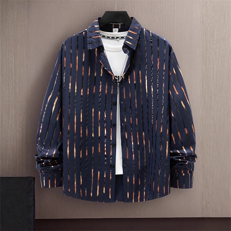 Men's Shirt Summer Shirt Casual Shirt Beach Shirt Button Up Shirt Striped Shirts Black White Navy Blue Sky Blue Drak Red Long Sleeve Stripe Bronzing Lapel Vacation Hawaiian Button-Down Clothing4