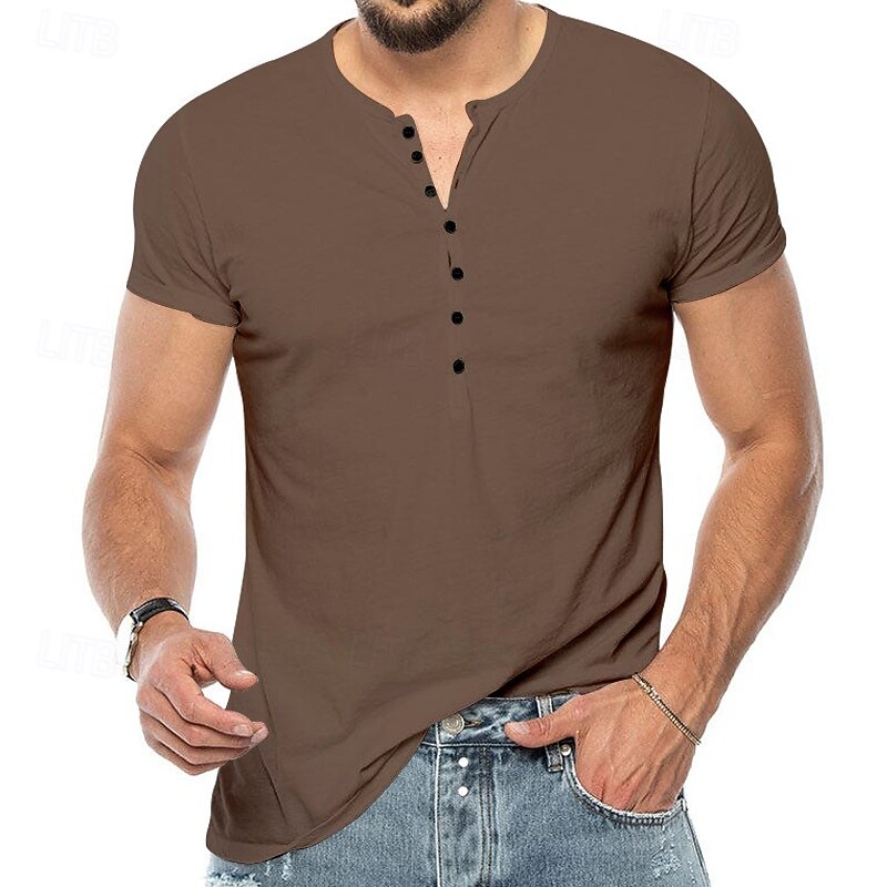Men's T Shirt Henley Shirt Henley Top Short Sleeve Solid Color Classical Button Up Henley Outdoor Casual Athleisure Spring Fall Spring &  Fall Dark Brown Black White Henley T-Shirt4
