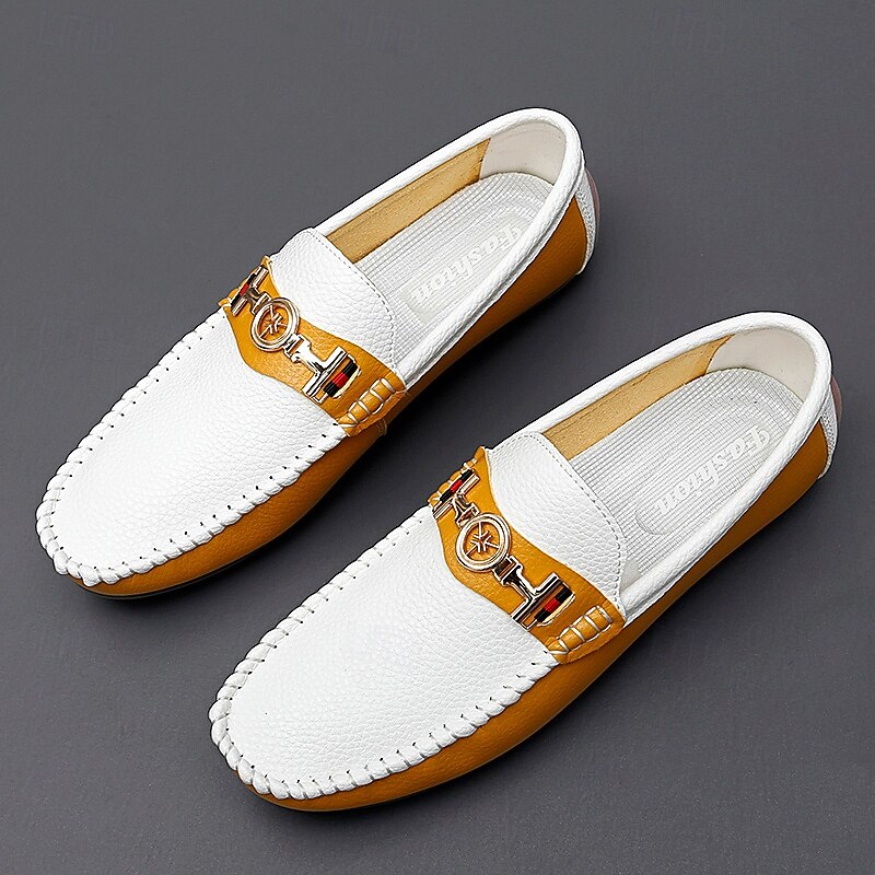 Men's White and Yellow Faux Leather  Loafers with Gold Buckle – Stylish Casual Slip-On Shoes for Driving, Parties, and Daily Wear4